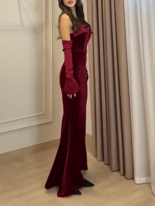 Burgundy Velvet Strapless Maxi Dress