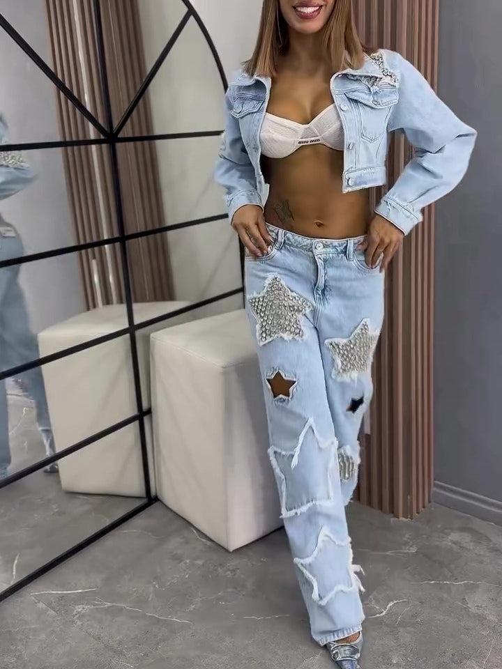 Denim Star Diamond Long Sleeve Jacket Jeans Set