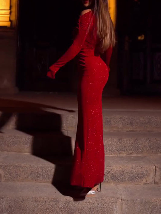 Burgundy Red Long-sleeve Twisted Sequin Dress