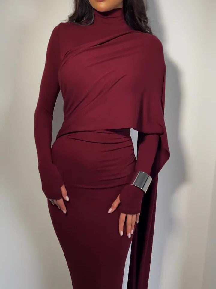 Brown Turtleneck Long-sleeved Slim Dress