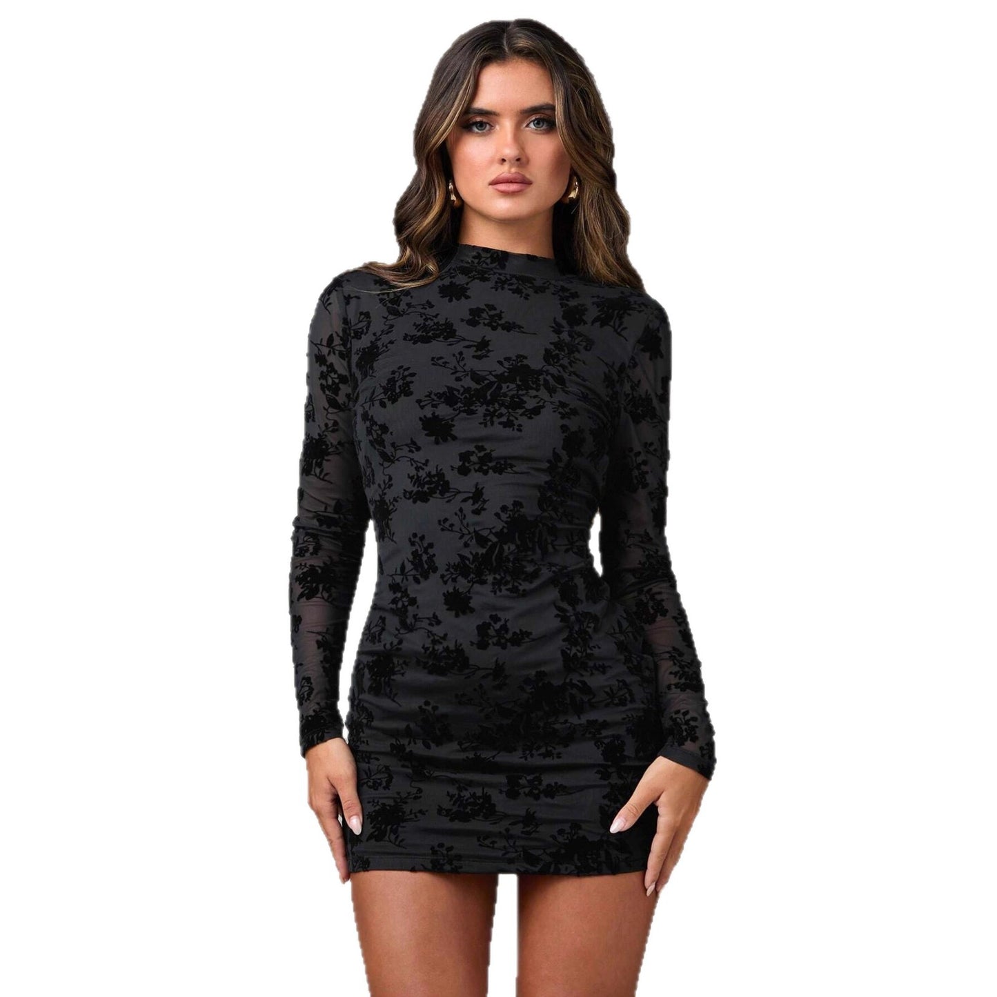 Hollow-out Flocking Sheath Slim Bodycon Dress For Women