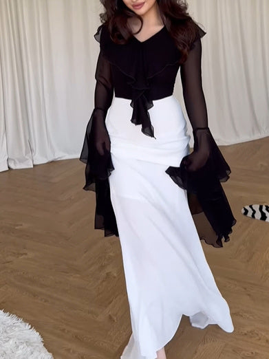 Contrast Ruffled Long-sleeve Dress