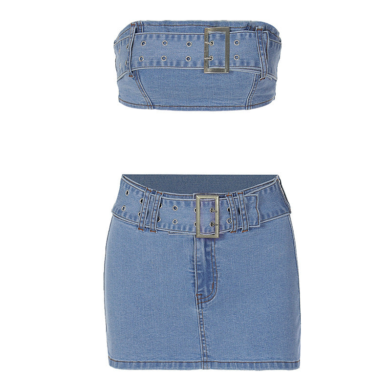 Women's Fashion Denim Tube Top Skirt Suit