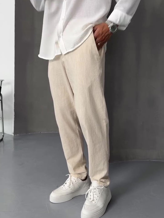 Beige Linen Straight-leg Pants