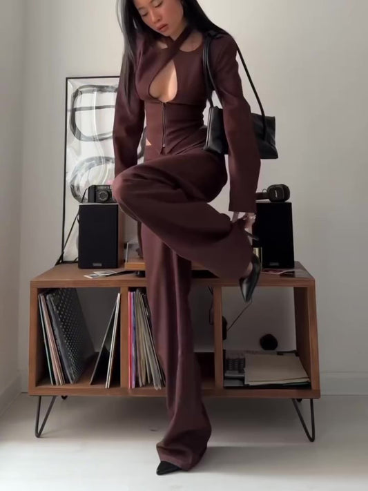 Brown Crop Top High Waist Pants Suit