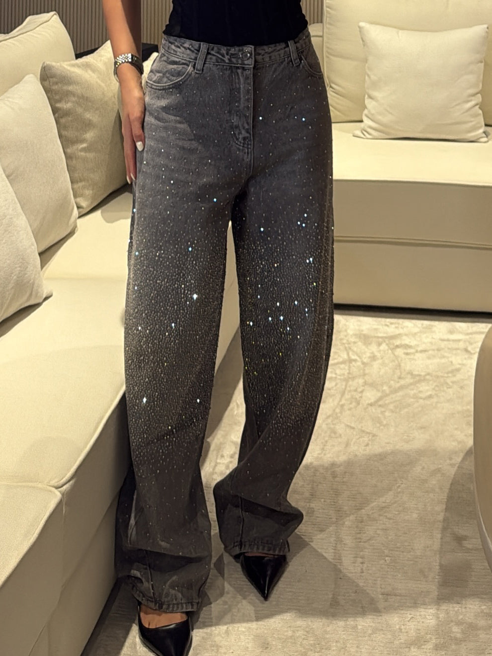 High - Waisted Wide - Leg Jeans With Sparkling Rhinestone Detailing