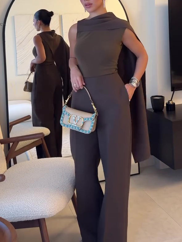 Brown Sleeveless Scarf Top& High Waist Pants Suit