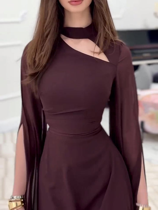 Brown Long Sleeve Hollow Dress