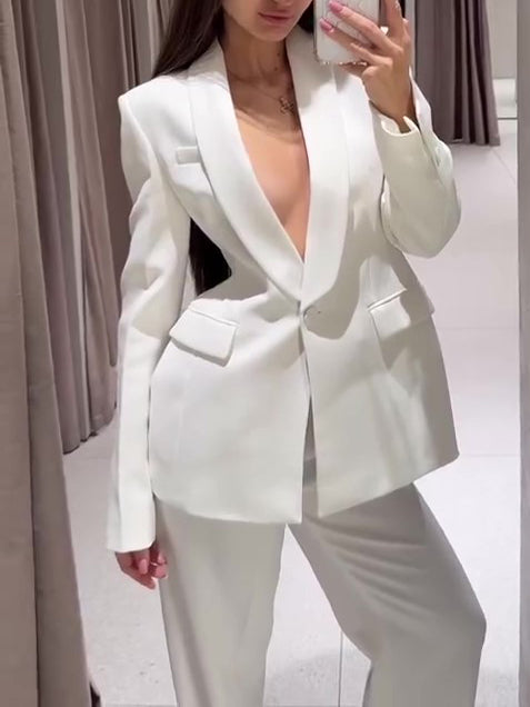 Solid Color Lapel Suit Jacket & High Waist Pants Set