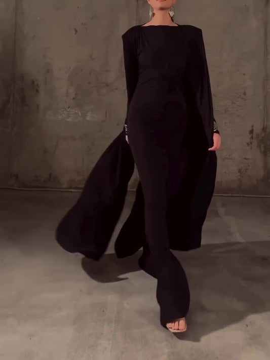 Solid Color Shawl Long Sleeve Maxi Dress