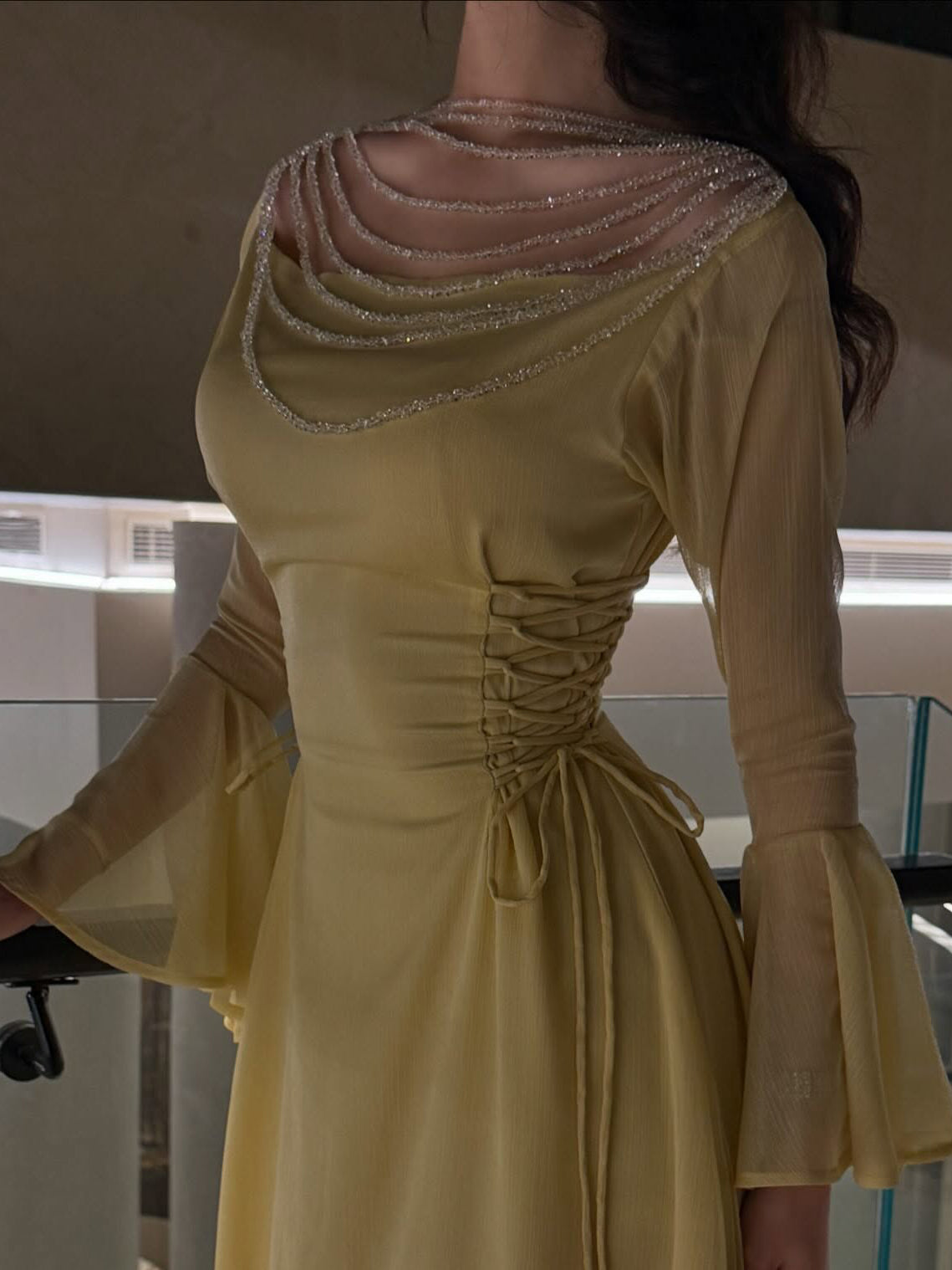 Yellow Pleated Belted Ruffled Sleeves Maxi Dress