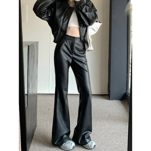 Slim Fit Leather Bootcut Trousers Slimming High Waist Casual Leather Pants