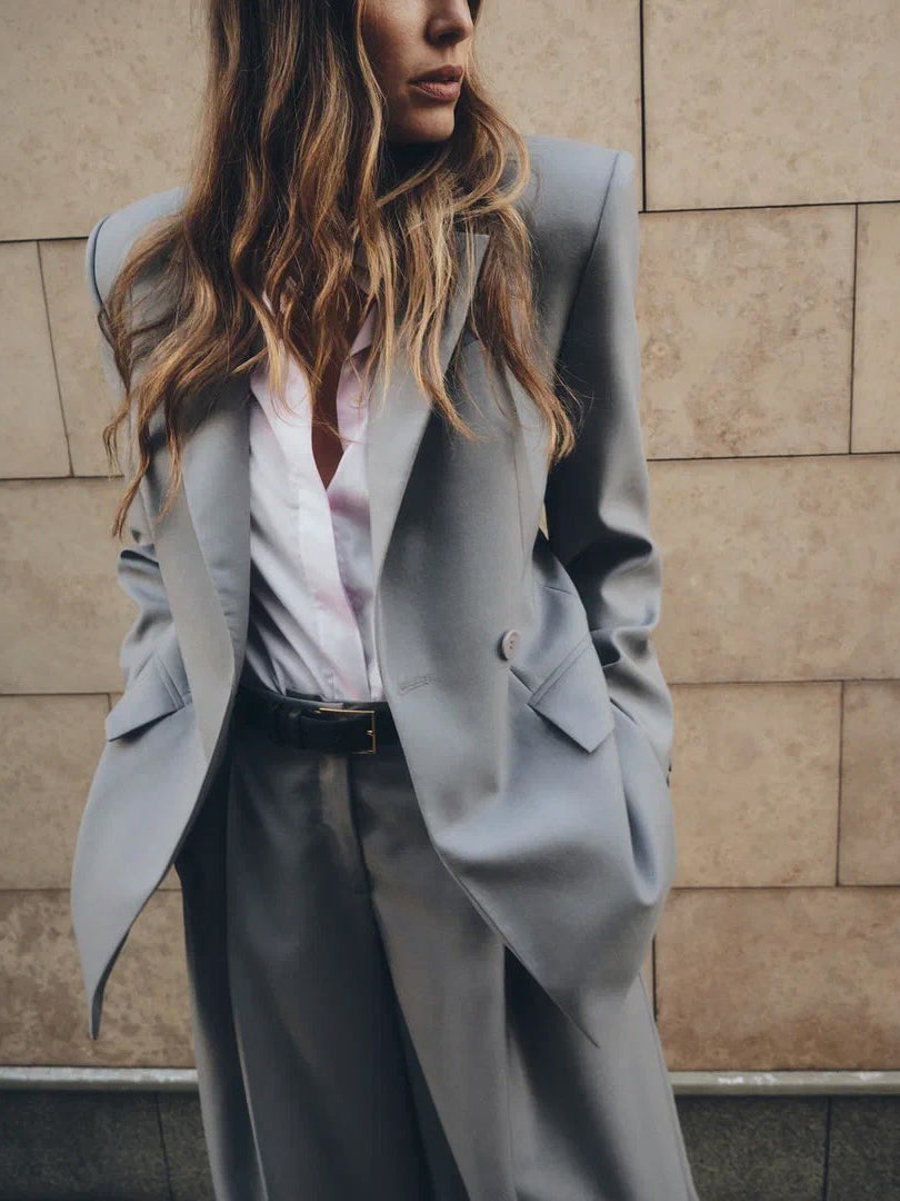 Gray Single-button Blazer & Wide-leg Pants Suit