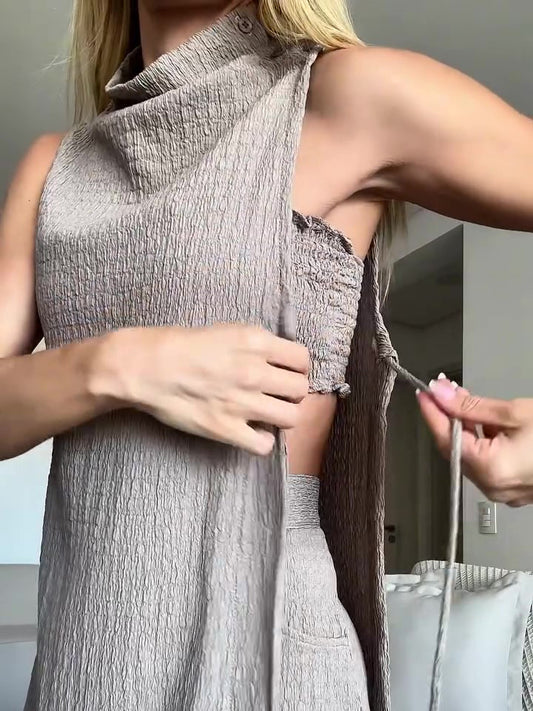 High-necked Slit Sleeveless Top And High-waisted Shorts Three-piece Set