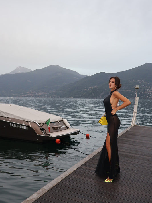 Black Backless Bright Silk Rope See-through Dress