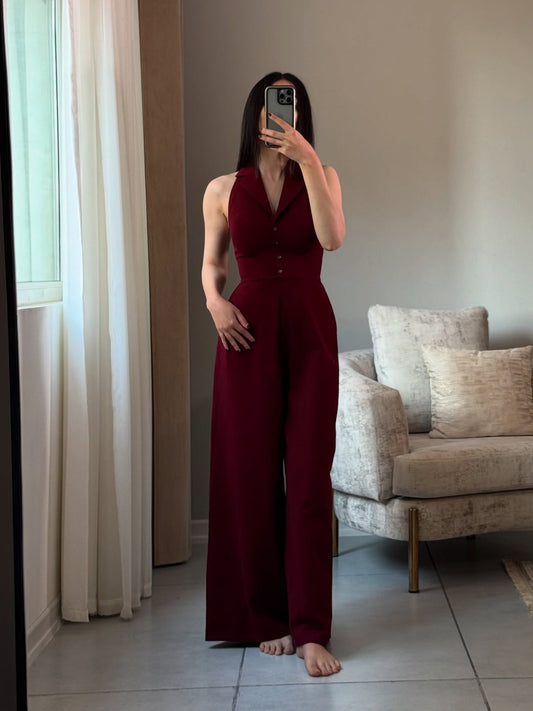 Burgundy Backless Lace-up Sleeveless Jumpsuit