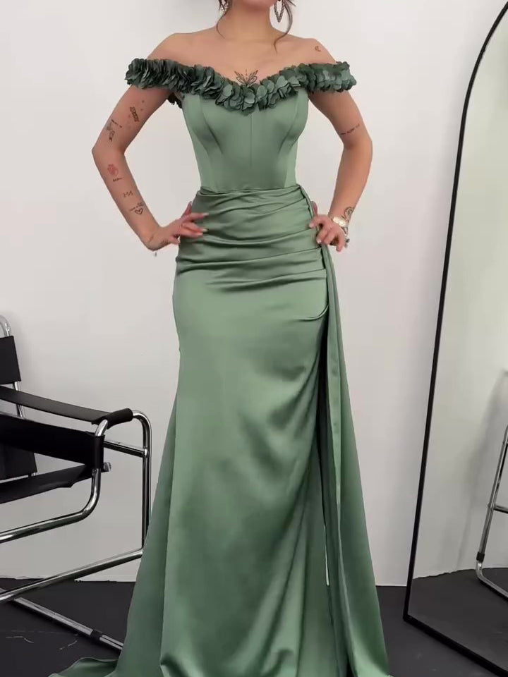 Green Off-shoulder Pleated Maxi Evening Dress