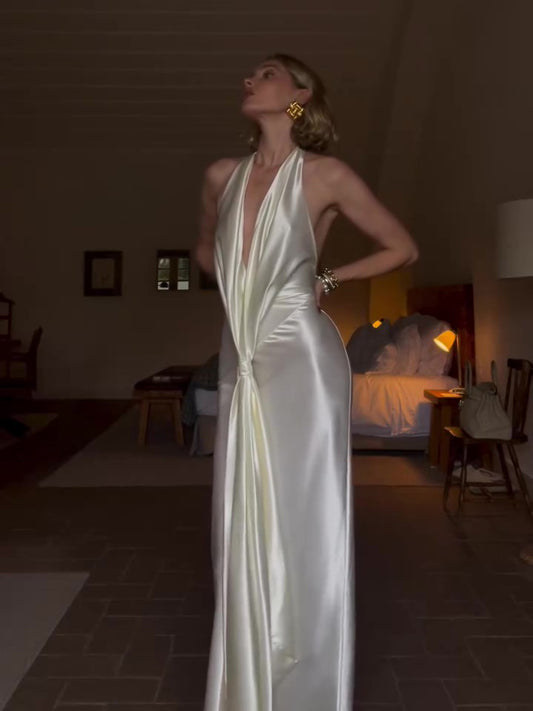 Deep V Solid Color Backless Maxi Dress