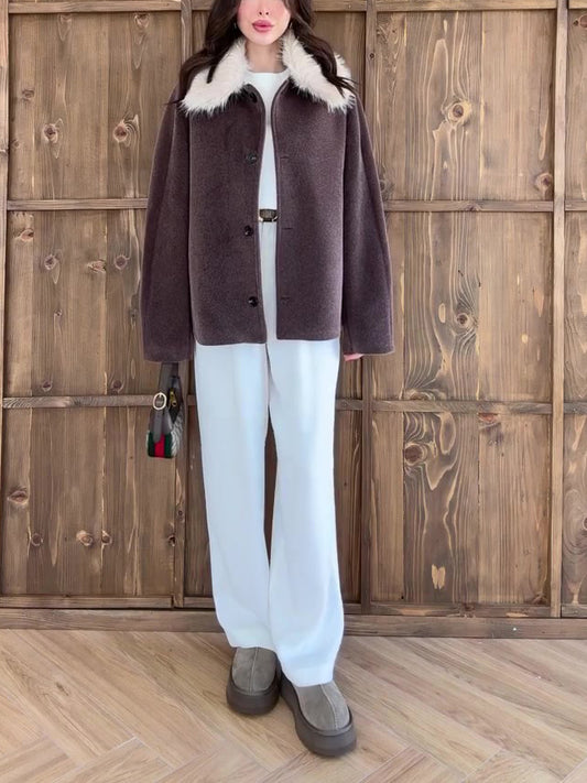 Brown Oversized Coat With White Faux Fur Collar