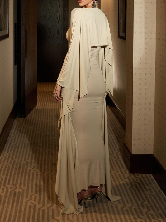 Ruched Dramatic Flutter Sleeves Maxi Dress