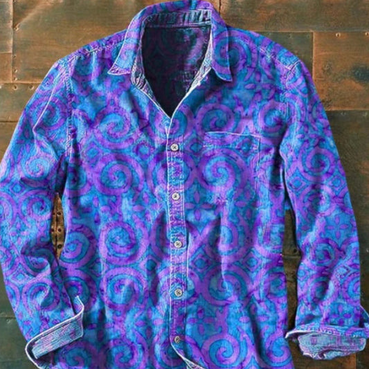 Mens Color-Block Printed Long-Sleeve Button-Up Top