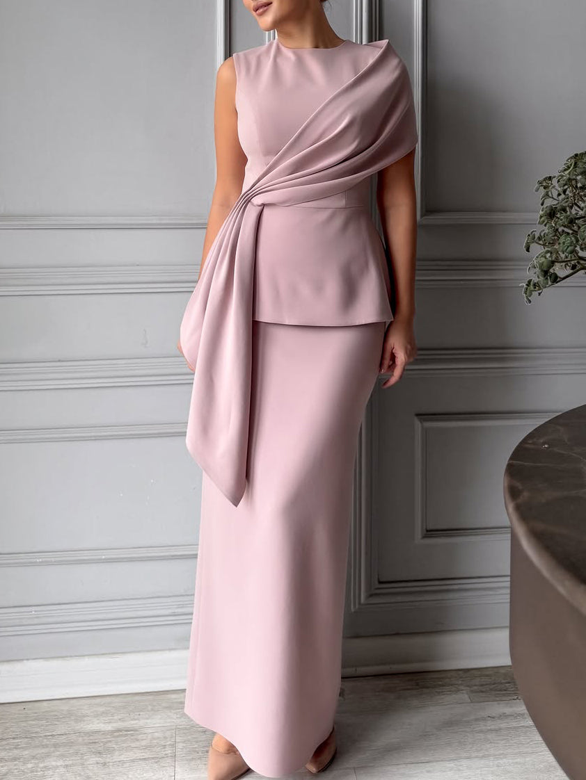 Solid Color Sleeveless Round Neck Top & Hip-Wrap Skirt Set