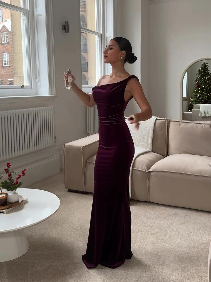 Burgundy Off-shoulder Velvet Fishtail Maxi Dress