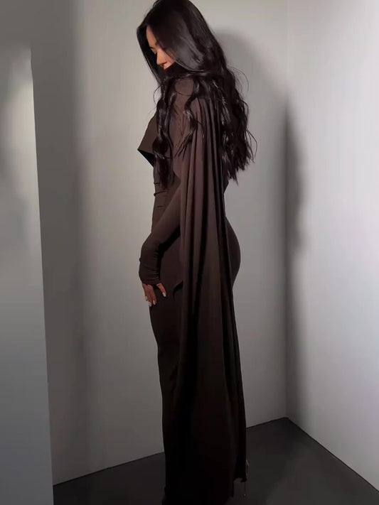 Brown Turtleneck Long-sleeved Slim Dress