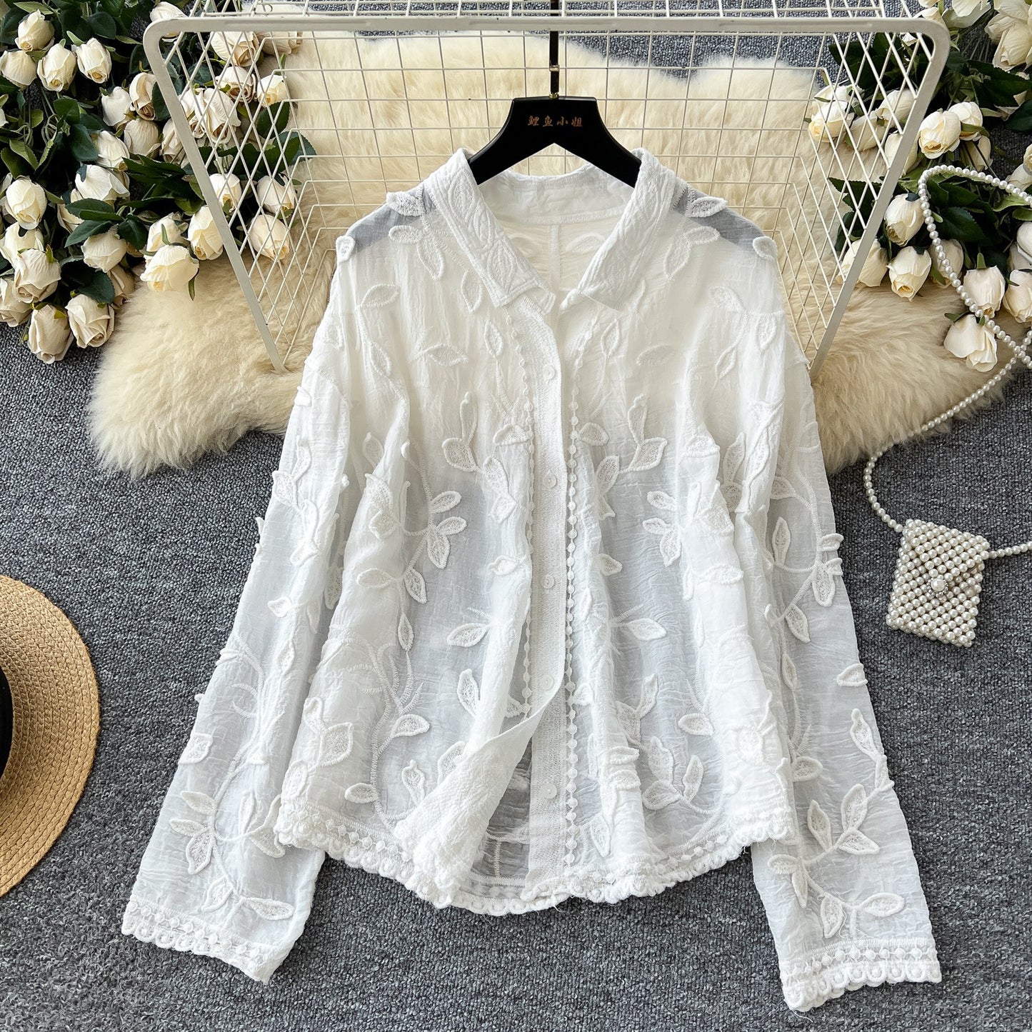 Heavy Industry Leaf Embroidery Cardigan Long Sleeve Top