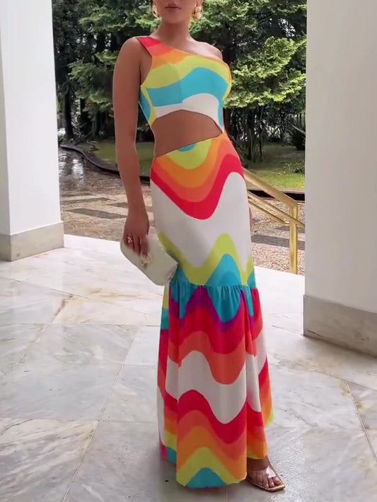 Colorful One Shoulder Cutout Dress