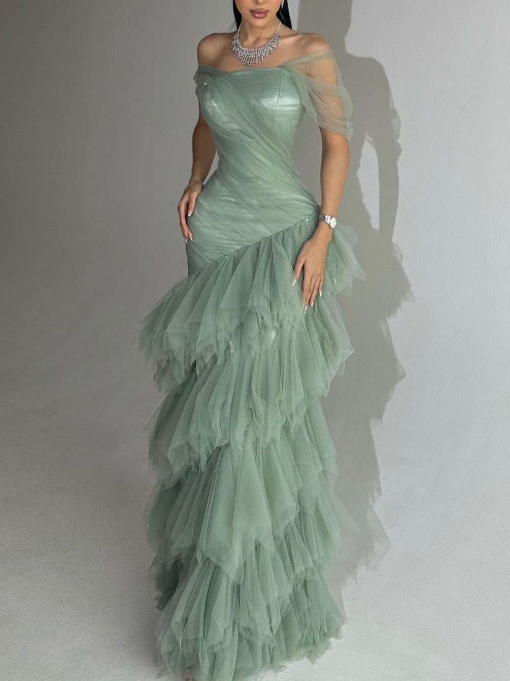 Elegant Light Green Strapless Mermaid Dress With Layered Tulle Skirt