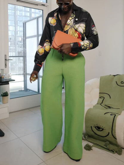 Chic Black Button-Up Shirt With Vibrant Butterfly Motif