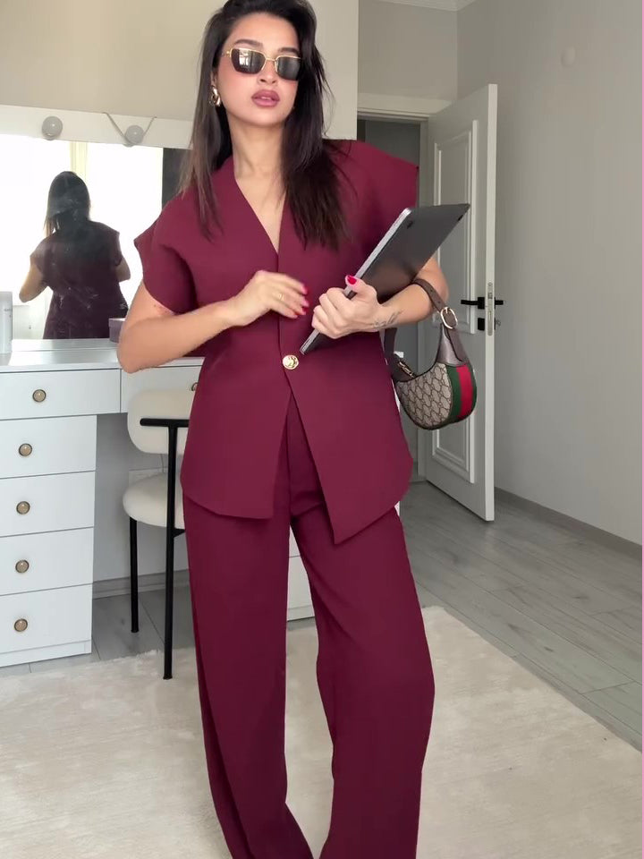 Burgundy Sleeveless Single-button Top & High-waisted Pants Set