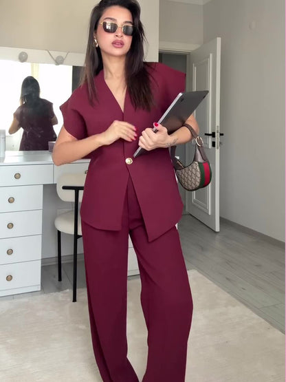 Burgundy Sleeveless Single-button Top & High-waisted Pants Set