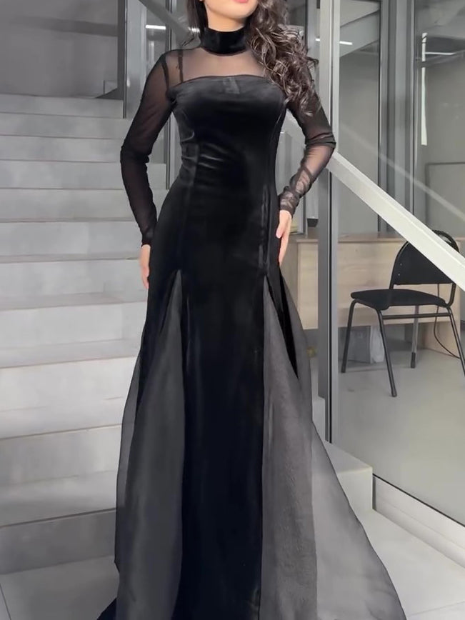 Black Velvet Patchwork Mesh Maxi Dress