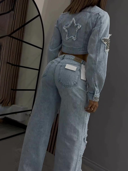 Denim Star Diamond Long Sleeve Jacket Jeans Set