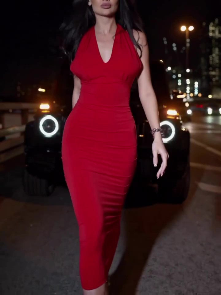 Red Halter Neck Slim Dress