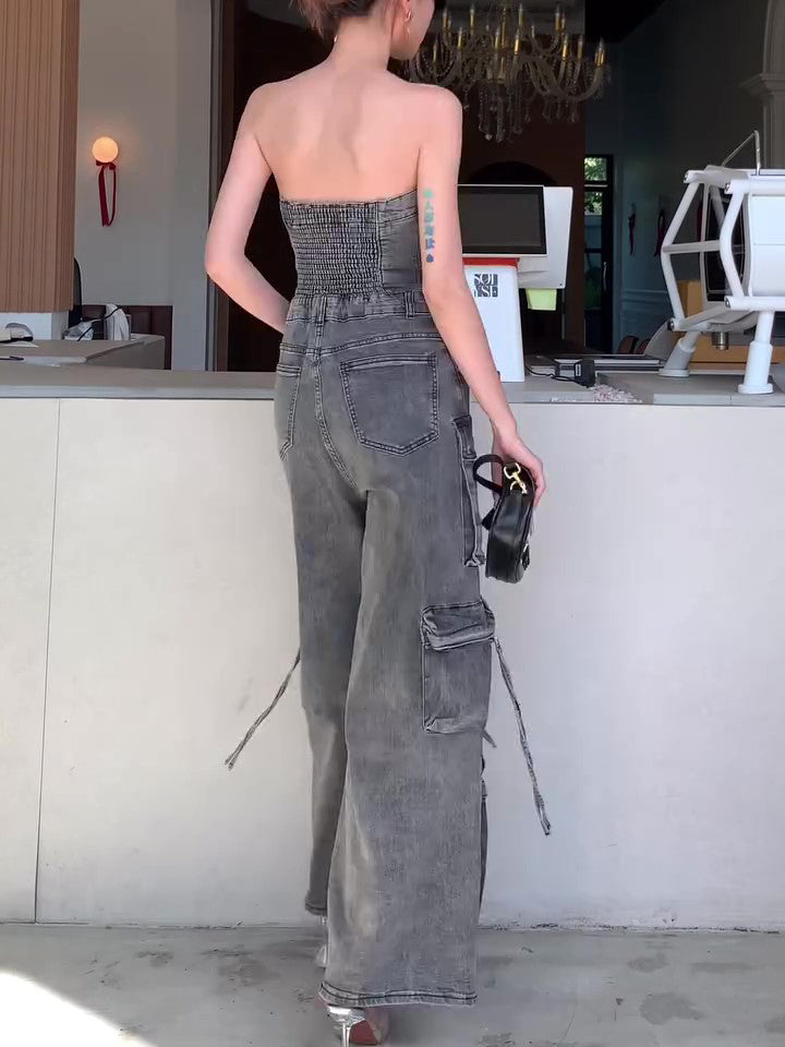 Denim Tube Top Single-breasted Jumpsuit