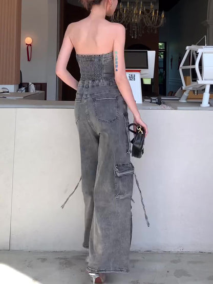 Denim Tube Top Single-breasted Jumpsuit