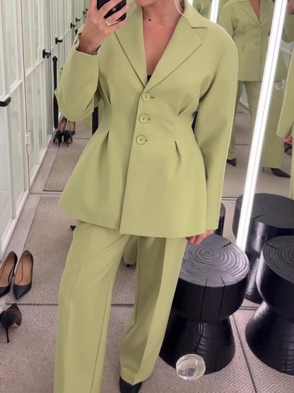 Fruit Green Waisted Suit Jacket & High Waisted Pants Set