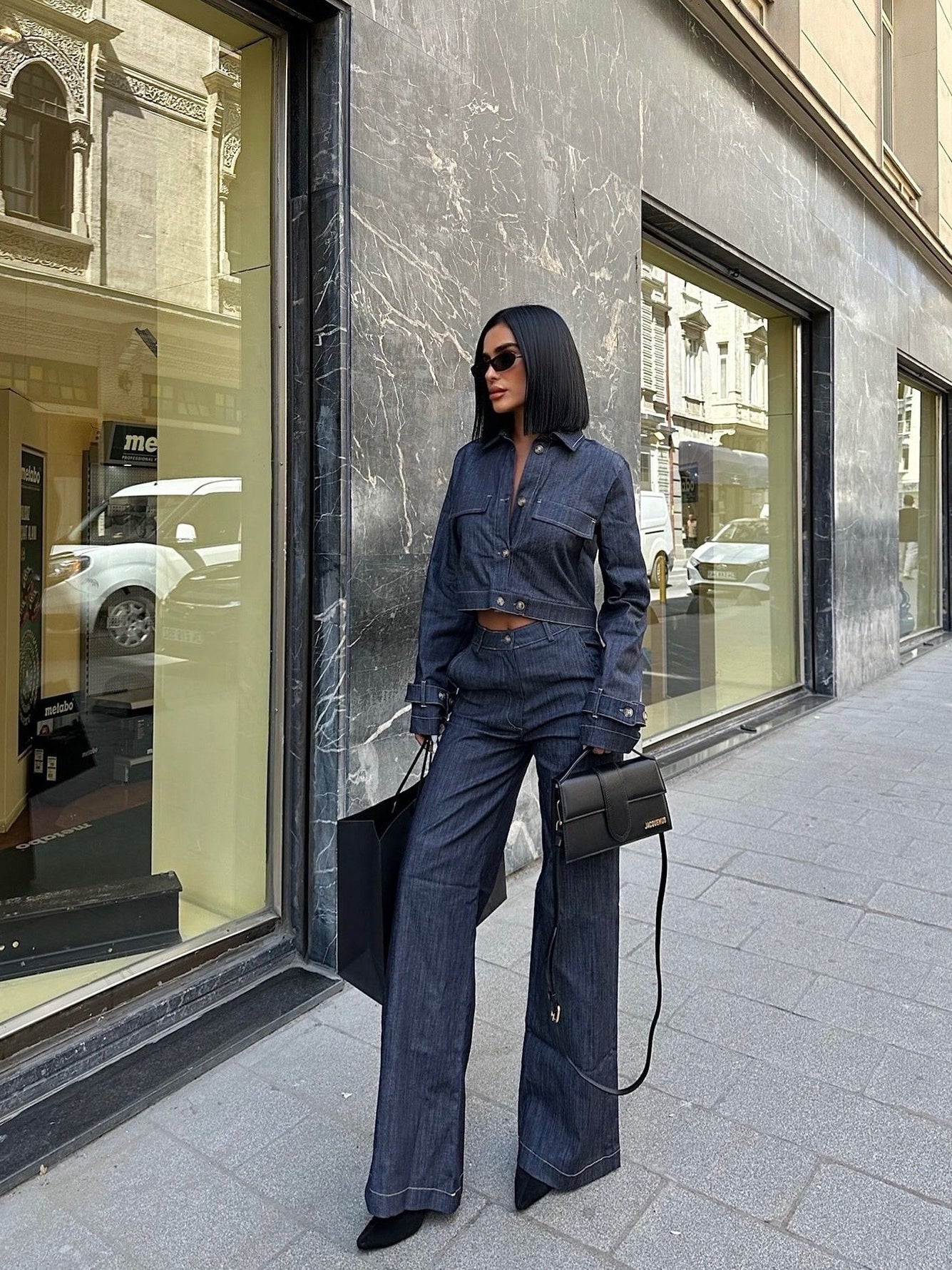 Short Denim Jacket & High-waisted  Pants Suit