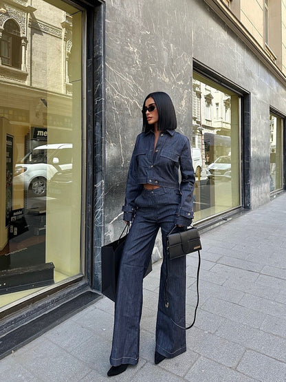 Short Denim Jacket & High-waisted  Pants Suit