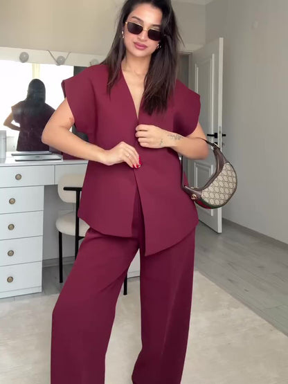 Burgundy Sleeveless Single-button Top & High-waisted Pants Set