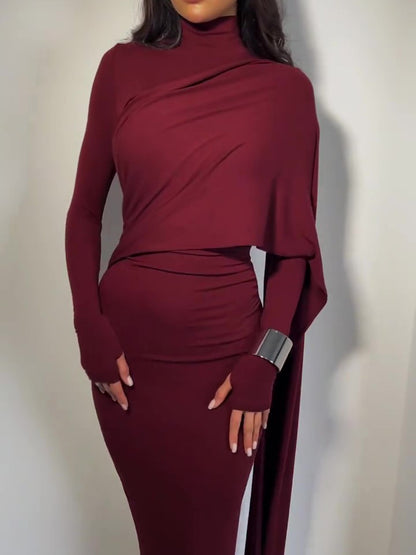 Brown Turtleneck Long-sleeved Slim Dress