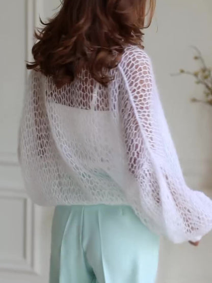 Casual Solid Color Hollow Knit Cardigan