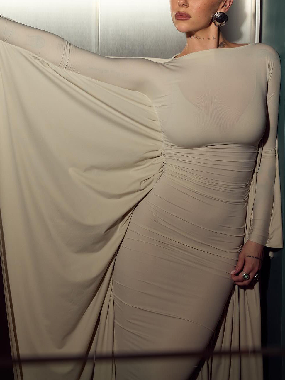 Ruched Dramatic Flutter Sleeves Maxi Dress