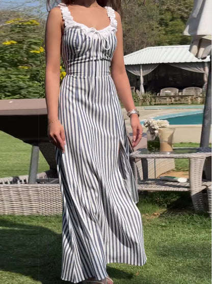 Elegant Striped Tie Slit Dress