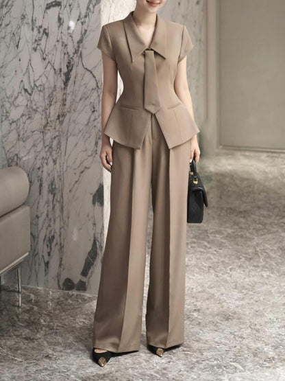 Elegant Commuting Short-sleeved Shirt & Wide-leg Pants Suit
