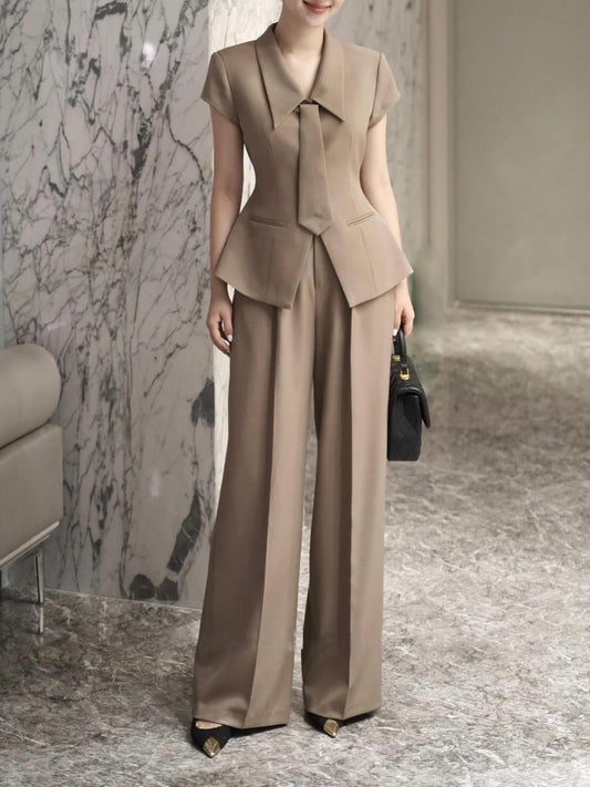 Elegant Commuting Short-sleeved Shirt & Wide-leg Pants Suit