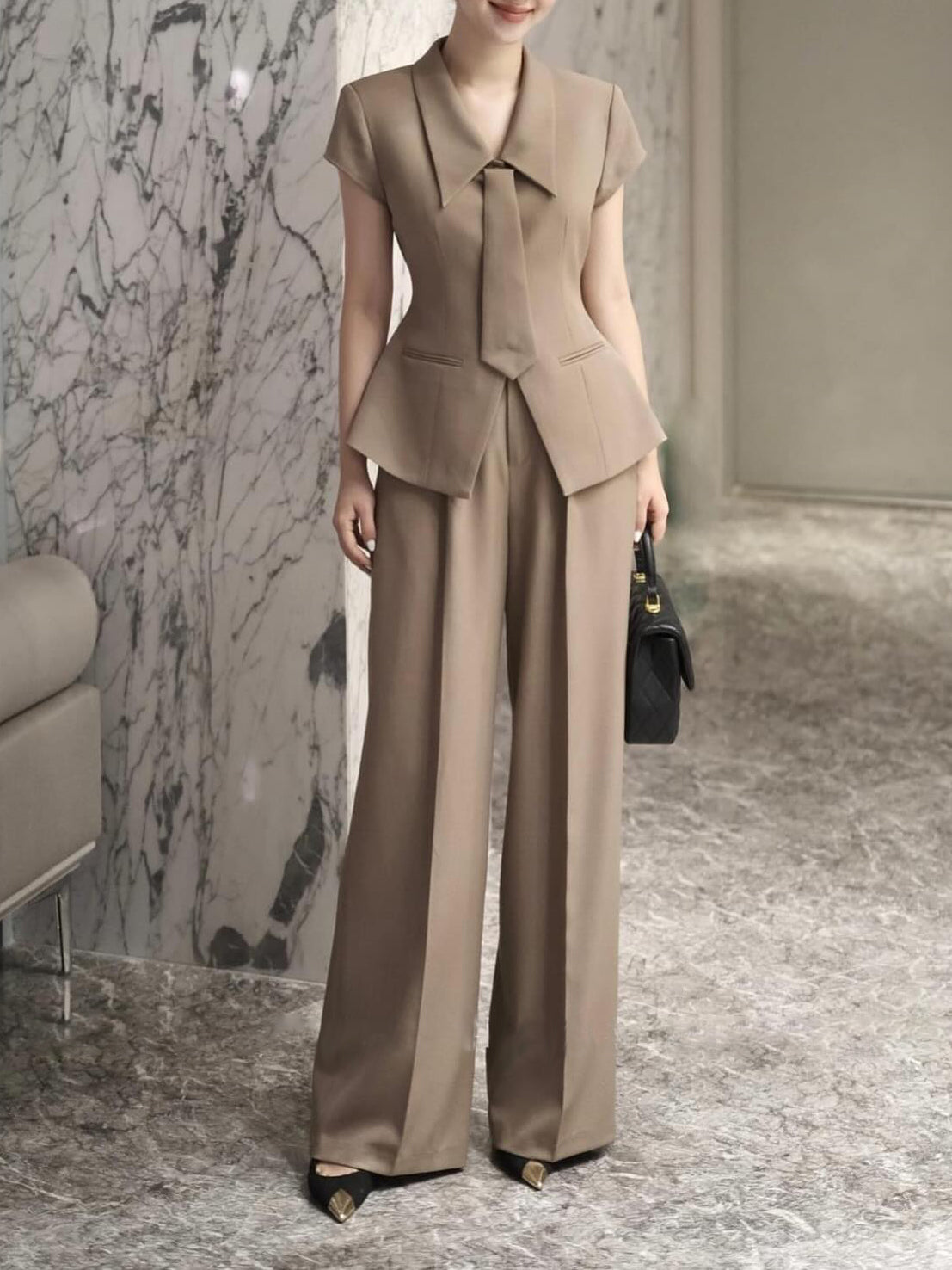 Elegant Commuting Short-sleeved Shirt & Wide-leg Pants Suit